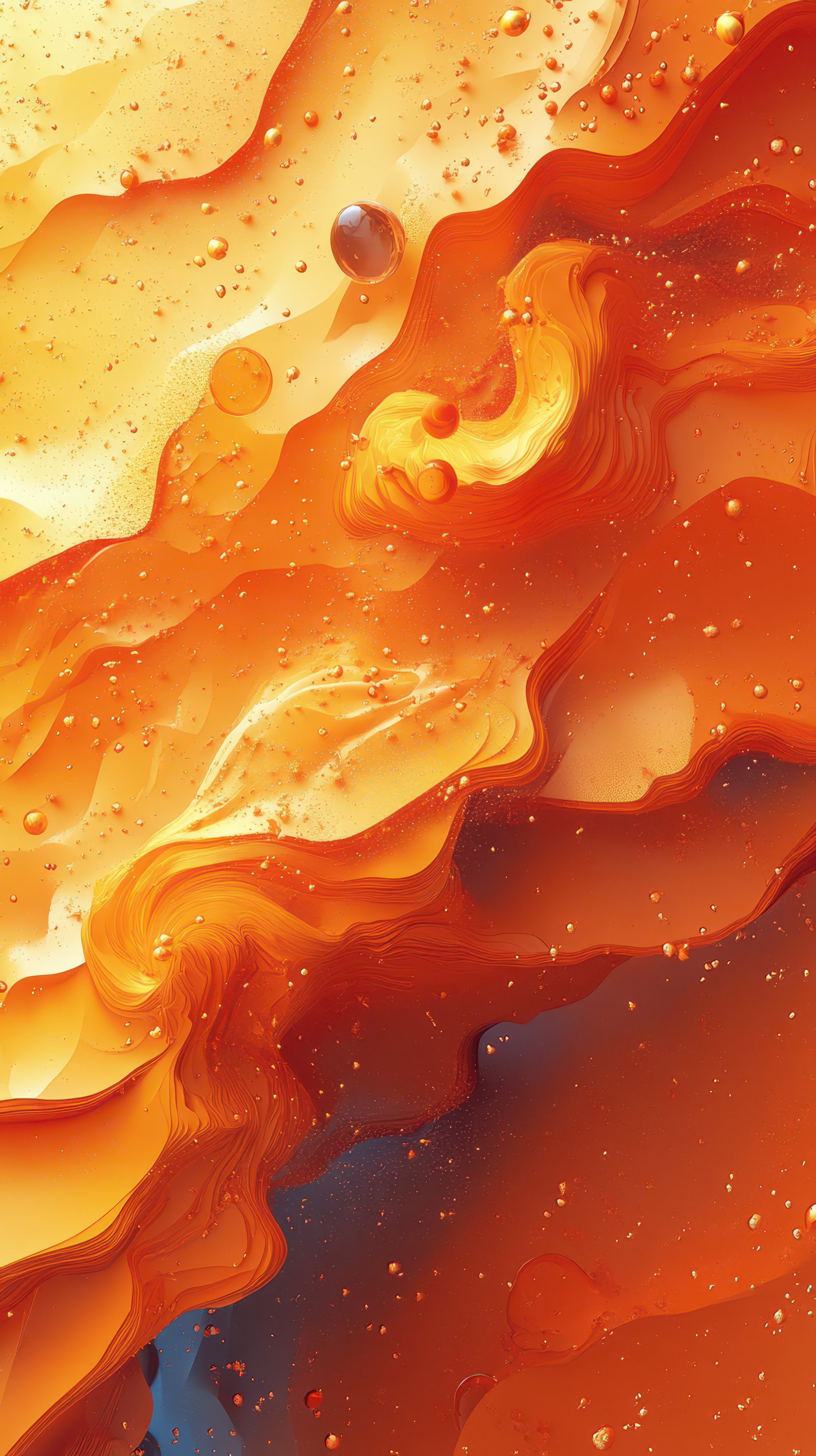Abstract artwork featuring vibrant orange and yellow tones with fluid patterns and shimmering elements